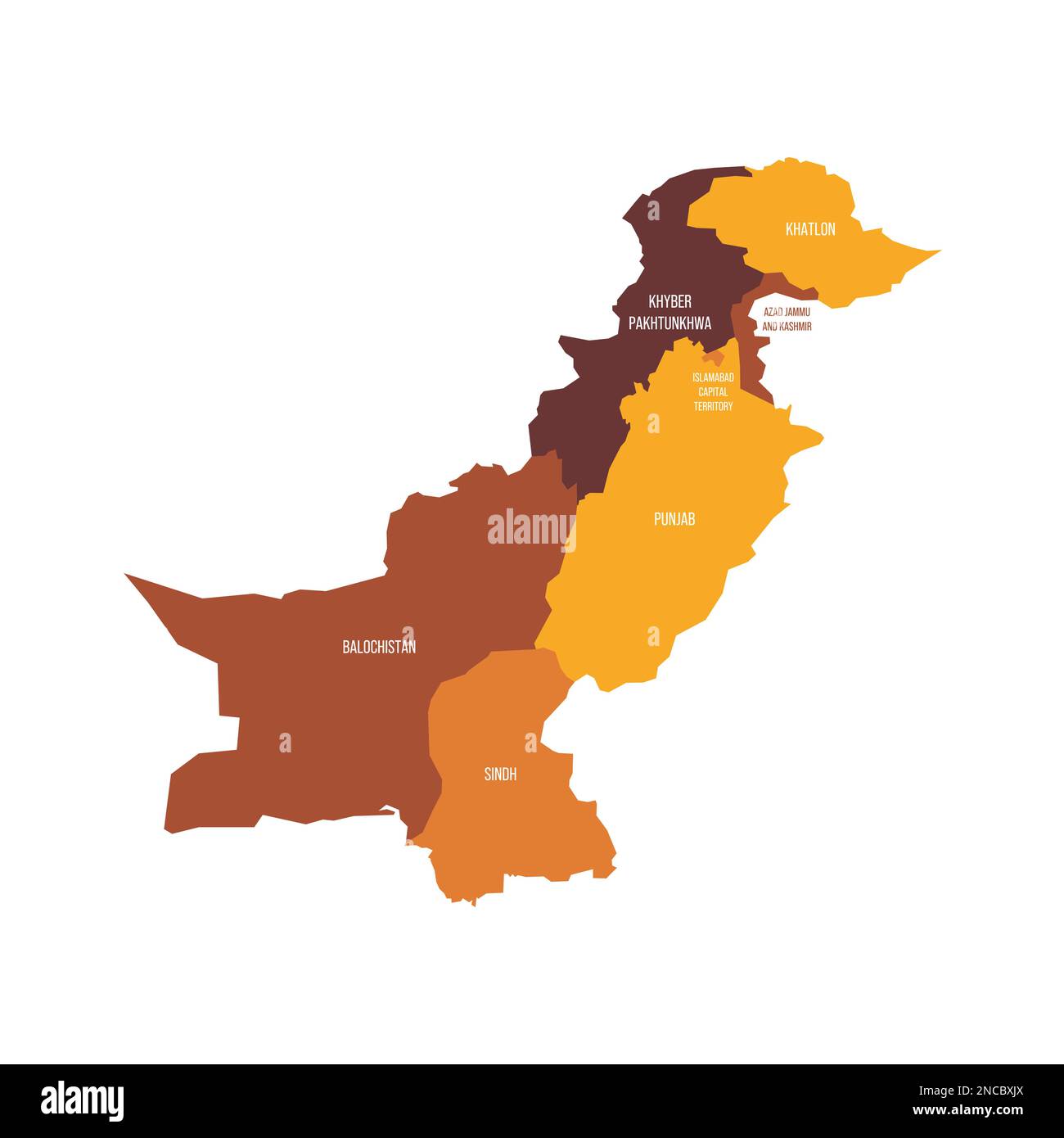 Pakistan political map of administrative divisions provinces and autonomous territories. Flat