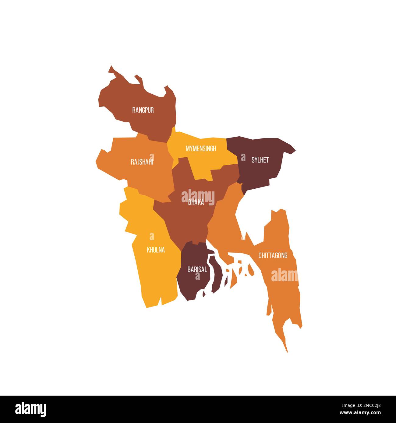 Bangladesh Political Map Eps Illustrator Map Vector Maps Bilarasa Bangladesh Political Map Of Administrative Divisions Divisions Flat Vector Map With Name Labels Brown Orange Color Scheme 2NCC2J8