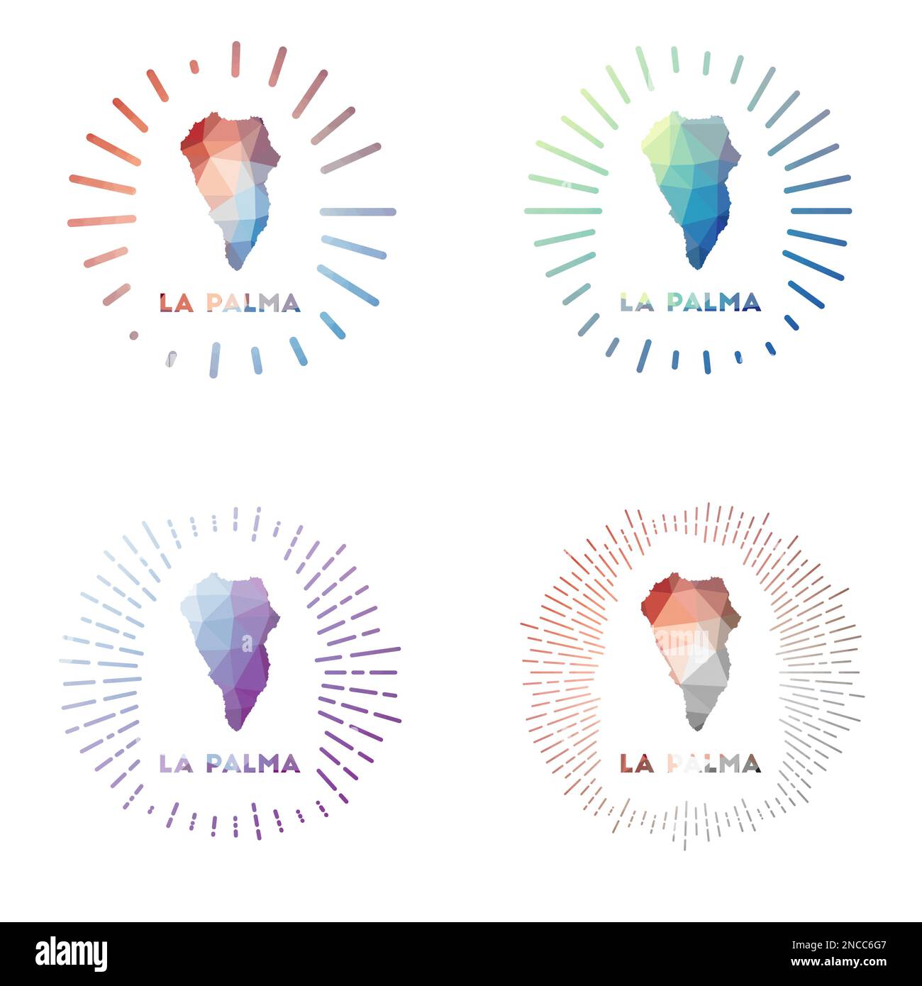La Palma low poly sunburst set. Logo of island in geometric polygonal style. Vector illustration. Stock Vector