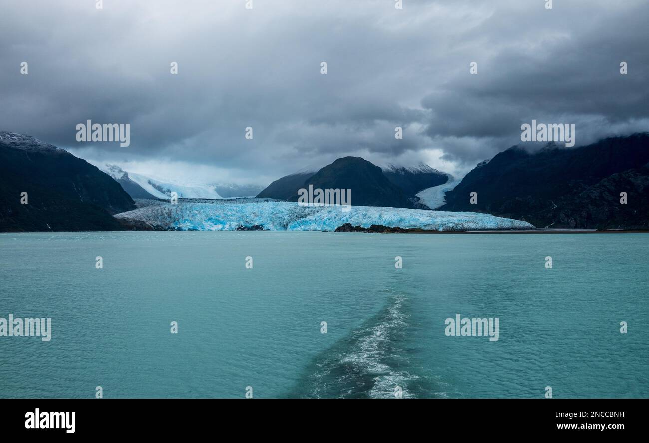 Panorama of Amalia glacier with detail of the fissures and rocks in its path Stock Photo