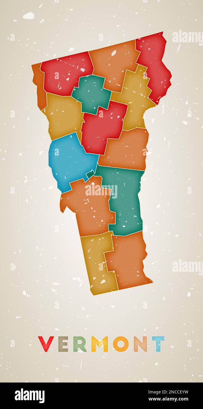 Vermont map. Us state poster with colored regions. Old grunge texture