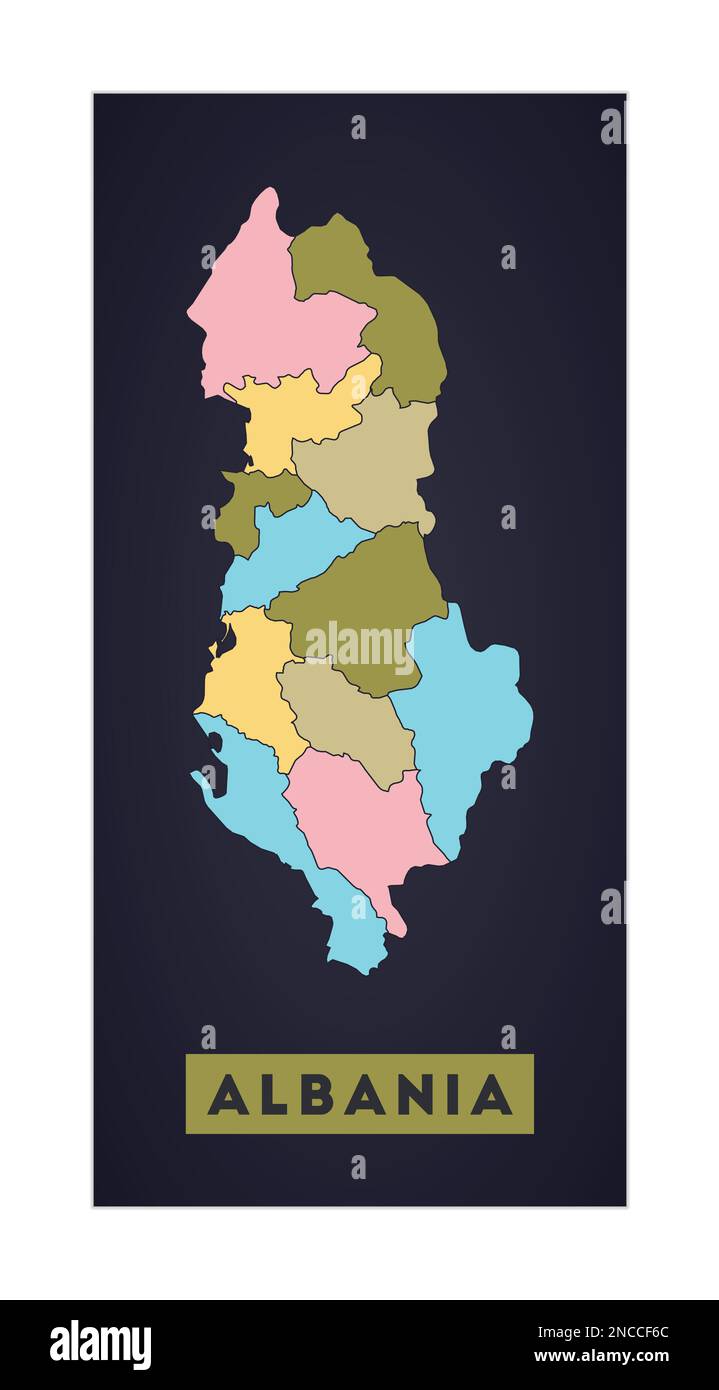 Albania map. Country poster with regions. Shape of Albania with country name. Captivating vector illustration. Stock Vector