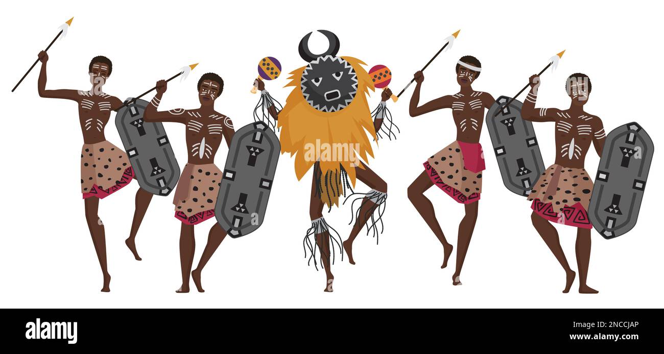 African hunters dancing. Traditional shamanism dance, africa culture
