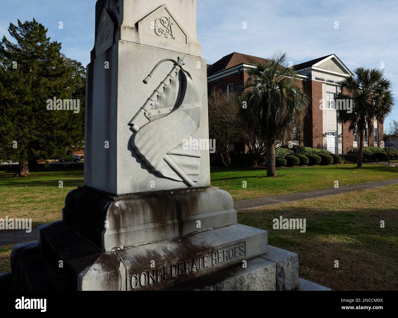 A Confederate monument sits on the courthouse grounds in the hometown