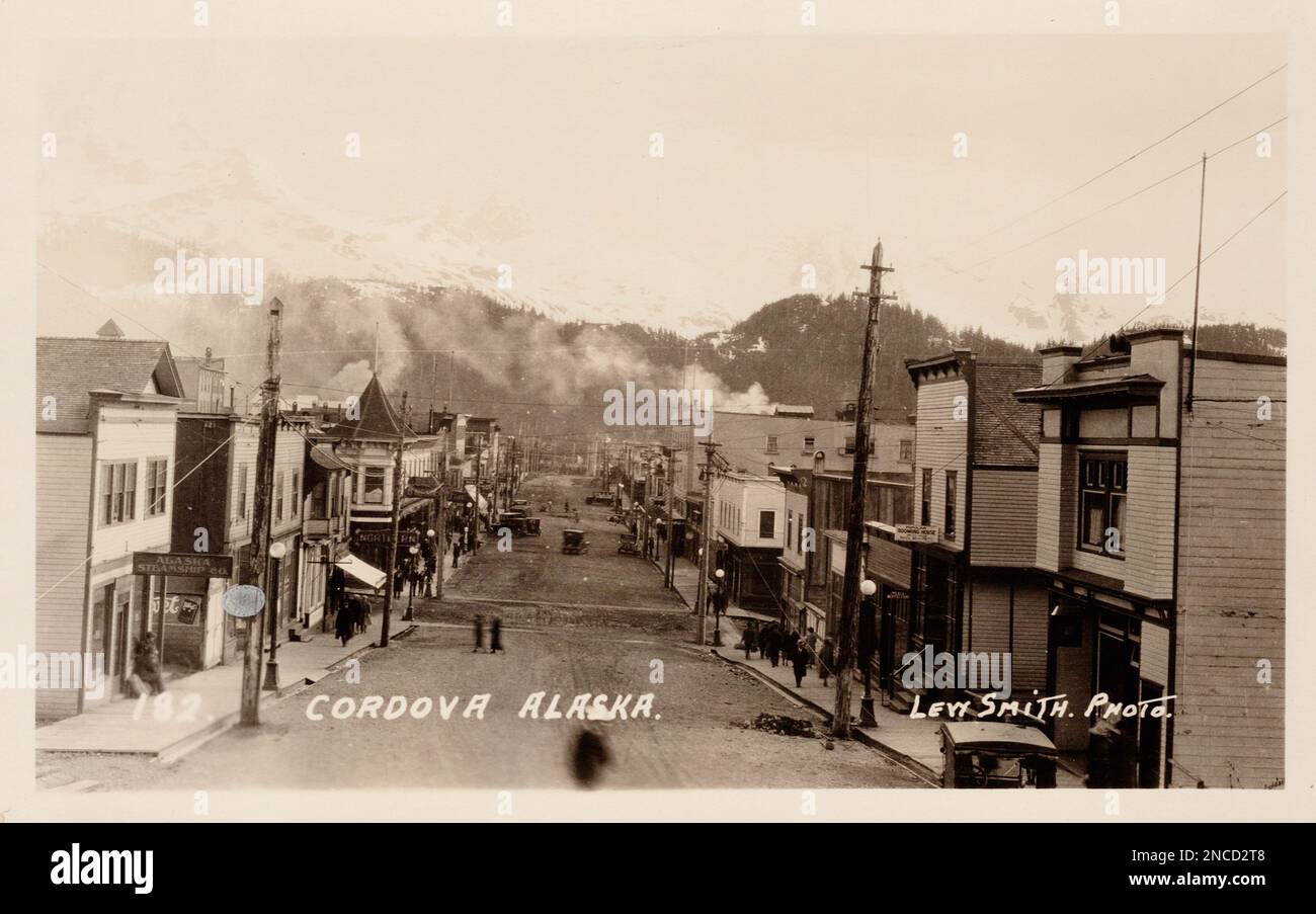 Cordova Alaska, Street Scene, approx 1910-20s postcard. L.Smith photo Stock Photo