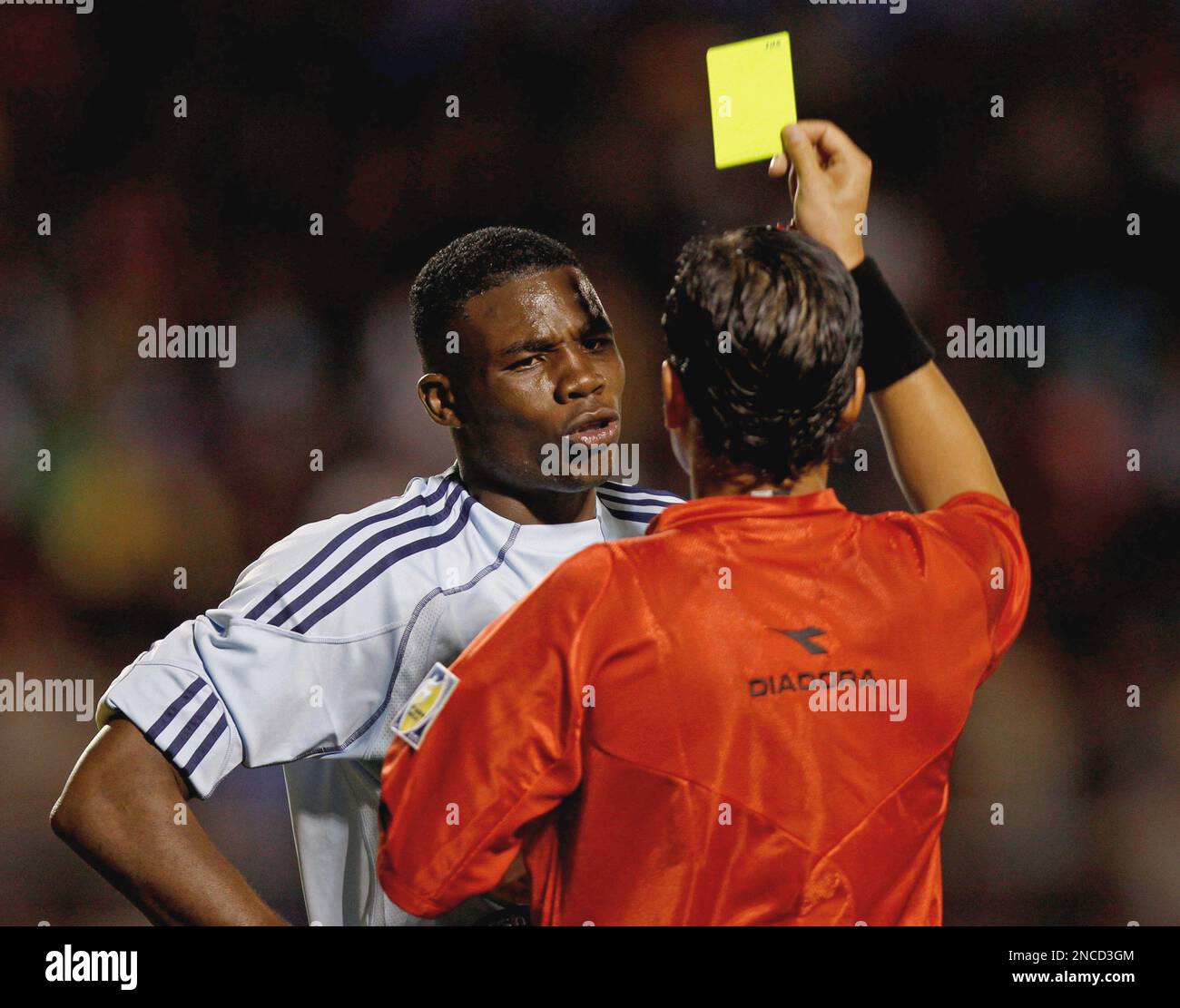 Colombia's goalkeeper Andres Mosquera receives a yellow card in a U-20 