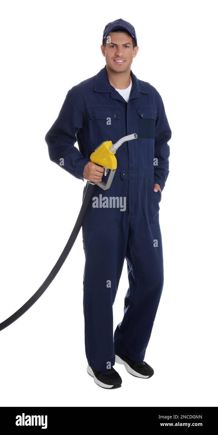 Gas station worker with fuel nozzle on white background Stock Photo