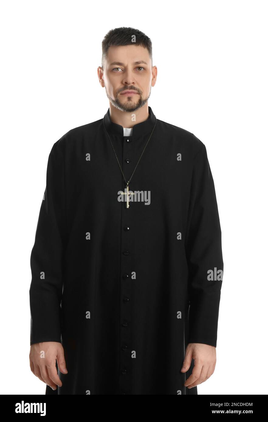 Priest wearing cassock with clerical collar on white background Stock Photo