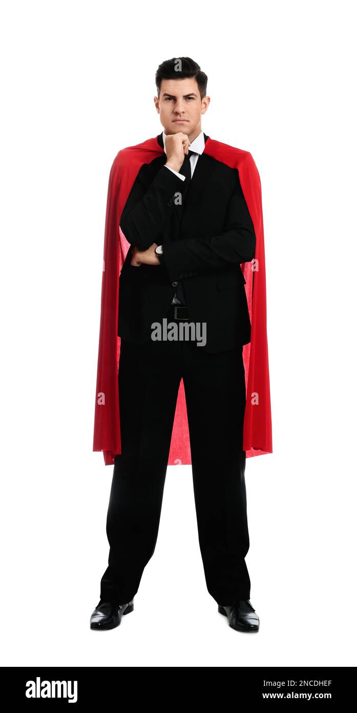 Man wearing superhero cape on white background Stock Photo