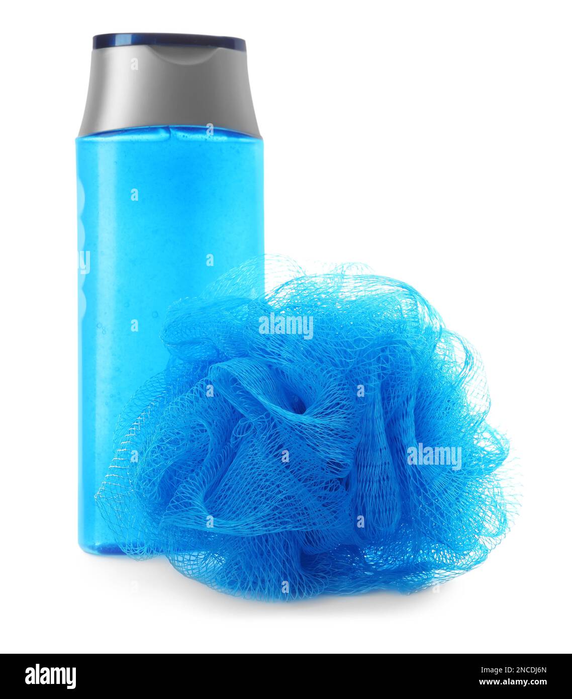 Personal hygiene product and shower puff on white background Stock