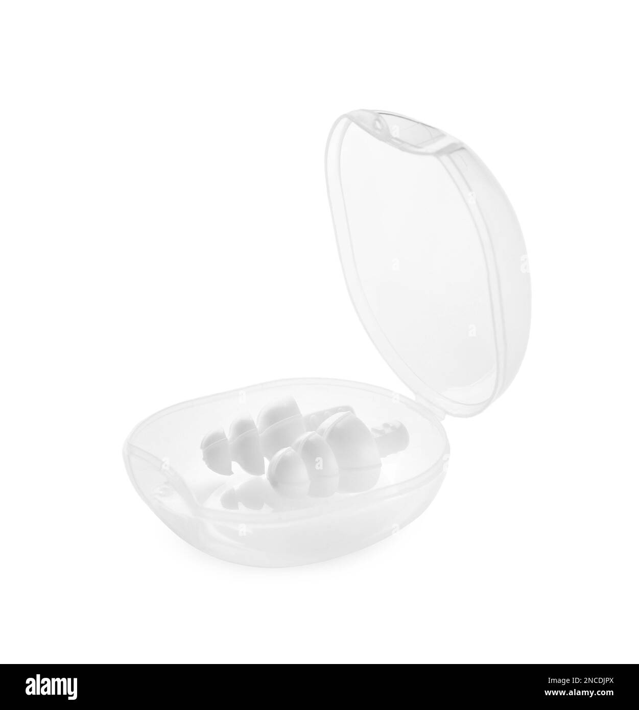 Transparent plastic case with ear plugs isolated on white Stock Photo