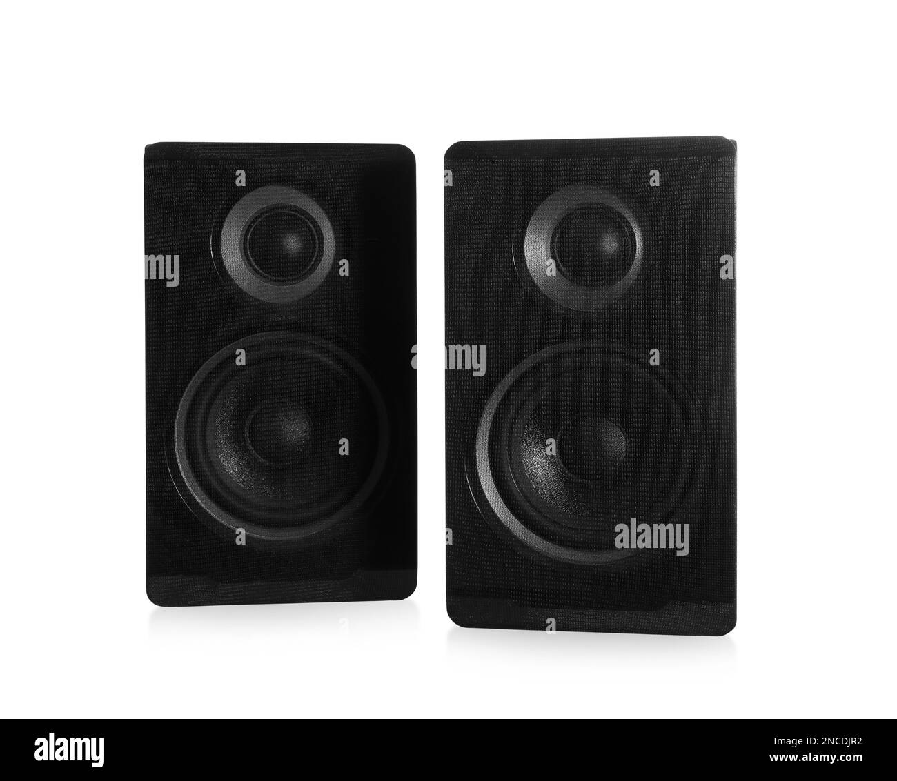 Modern powerful audio speakers on white background Stock Photo Alamy
