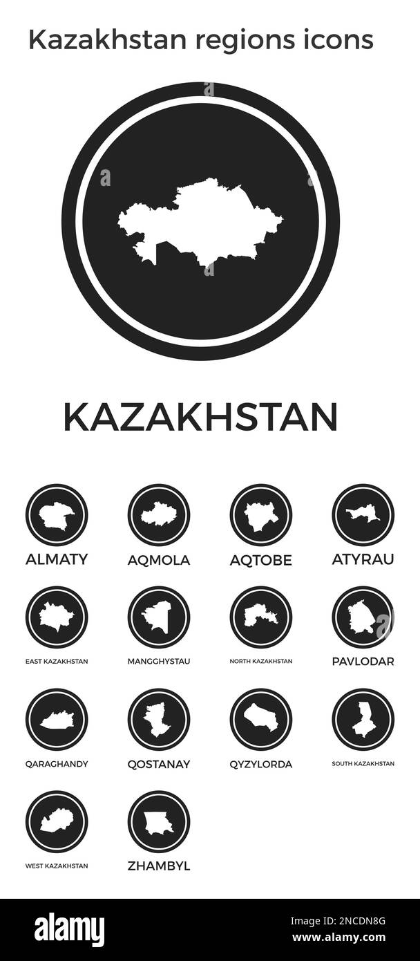 Kazakhstan regions icons. Black round logos with country regions maps