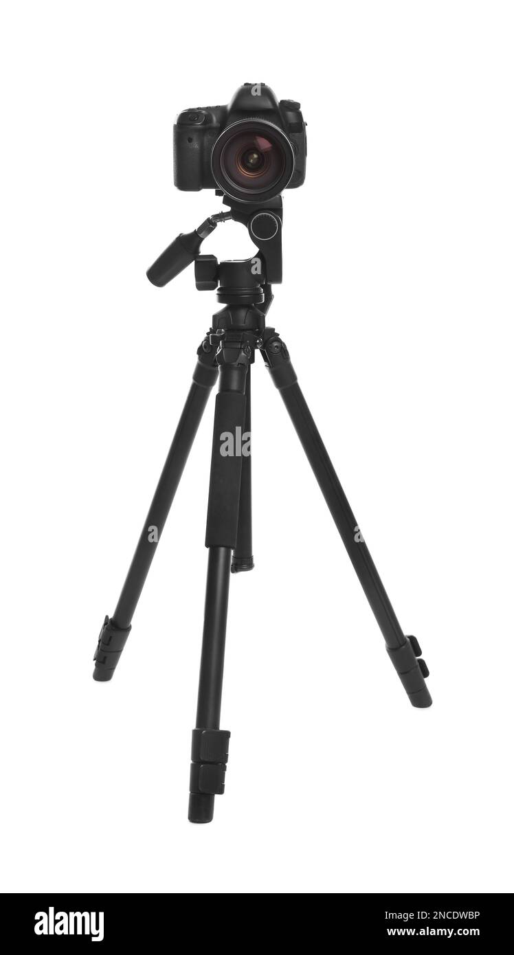 Modern tripod with professional camera isolated on white Stock Photo ...