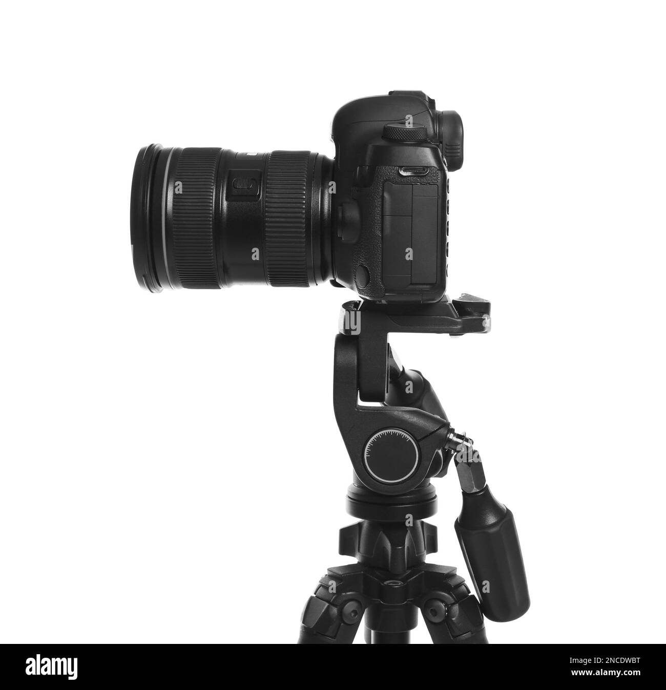 Modern tripod with professional camera isolated on white Stock Photo