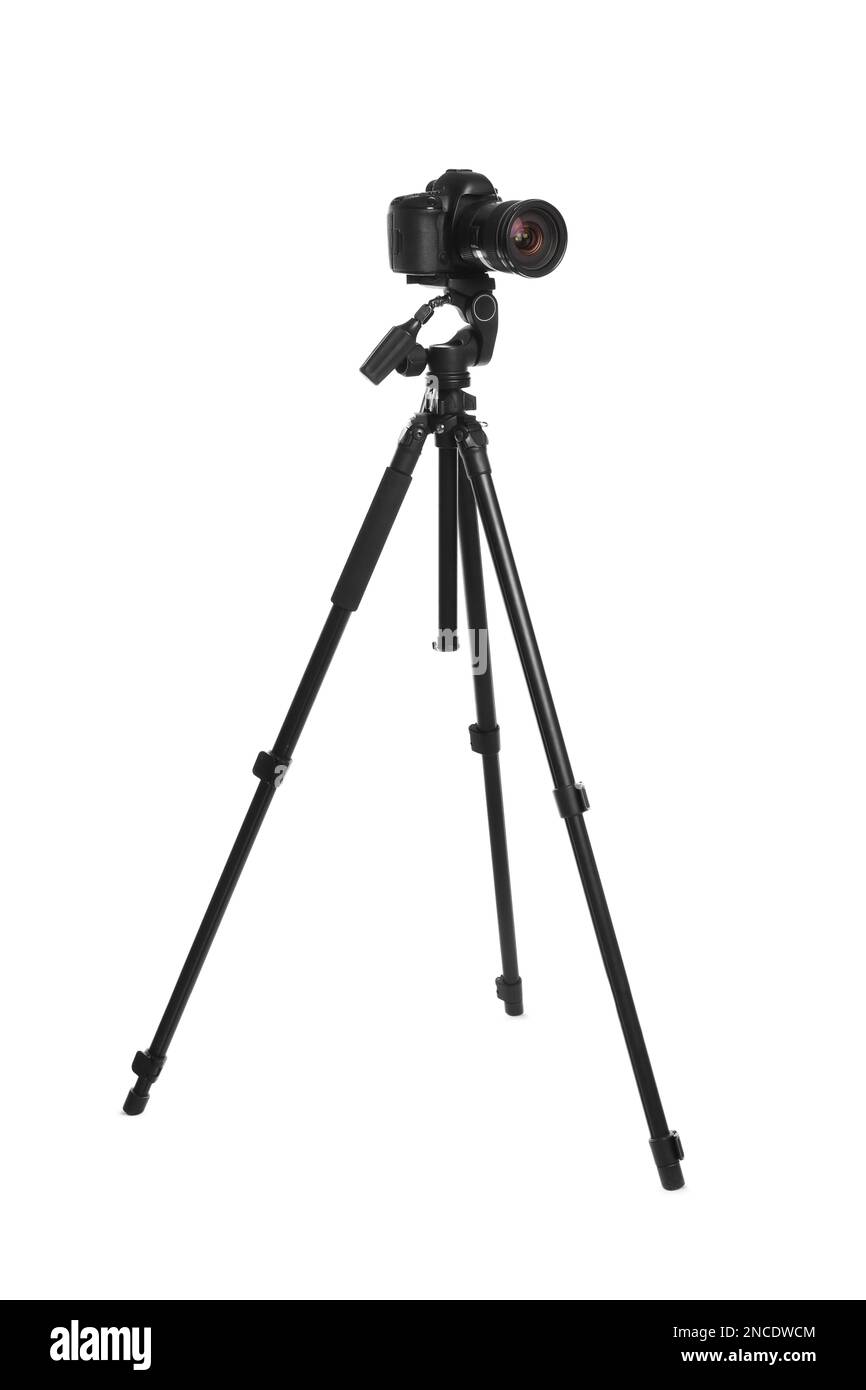 Modern tripod with professional camera isolated on white Stock Photo ...