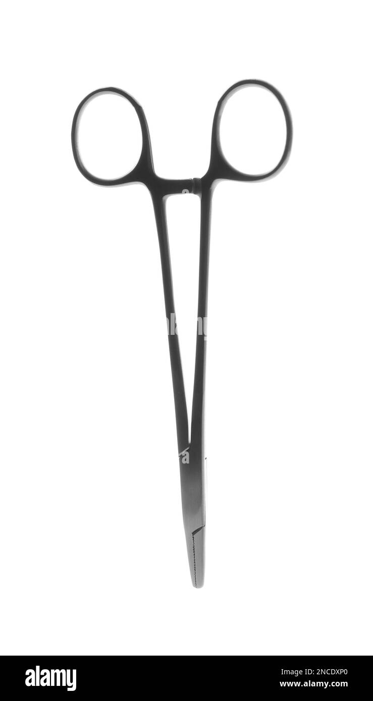 Surgical forceps on white background. Medical instrument Stock Photo