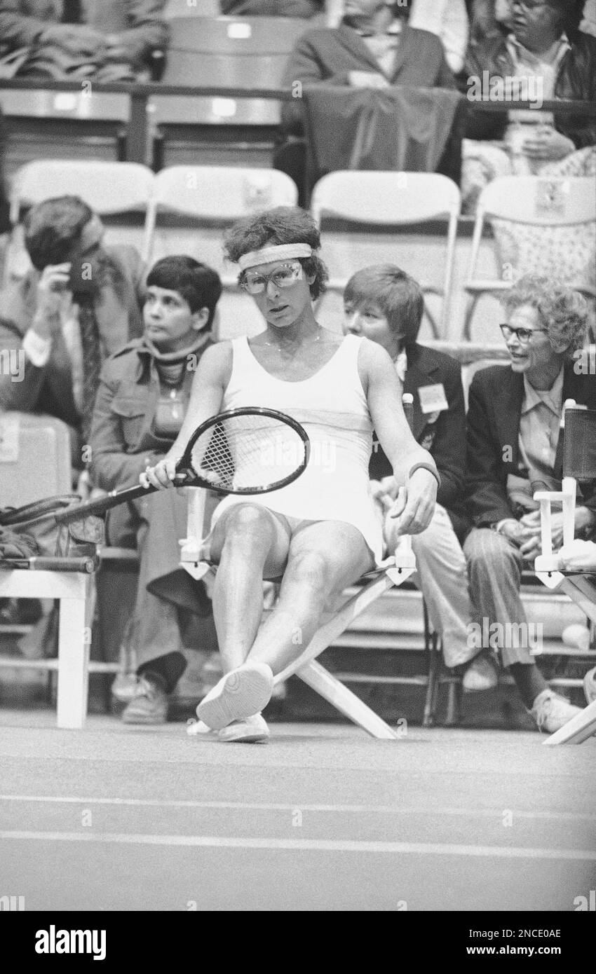 Transsexual tennis player Renee Richards is shown seated at Forest