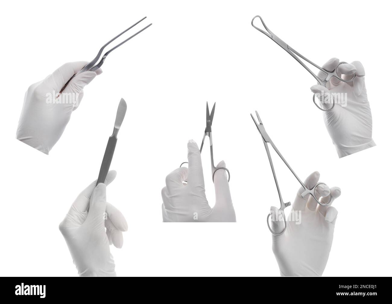 Collage with photos of doctors holding different surgical instruments
