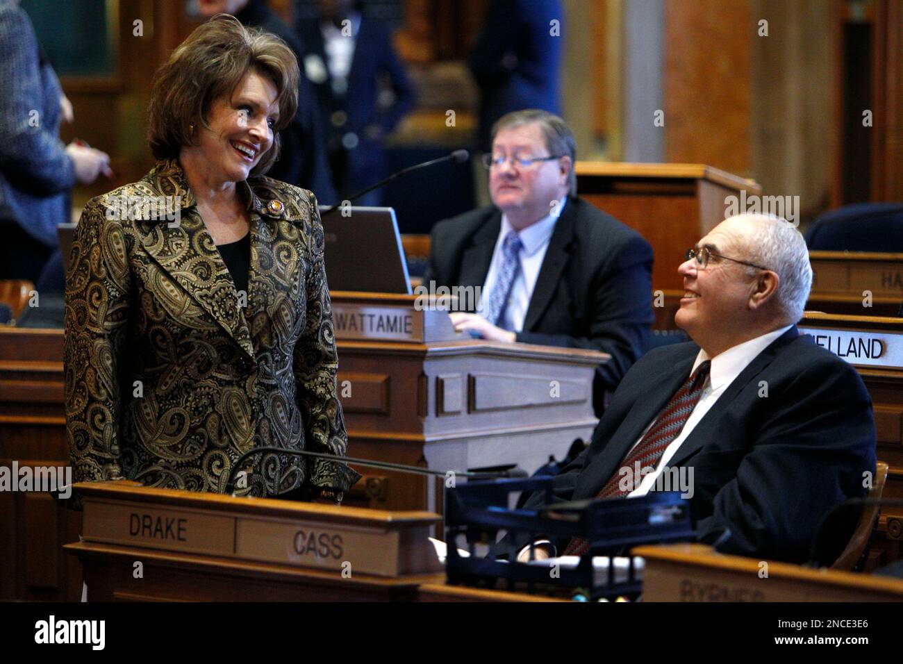 Iowa House Majority Leader Linda Upmeyer, RGarner, talks with Rep