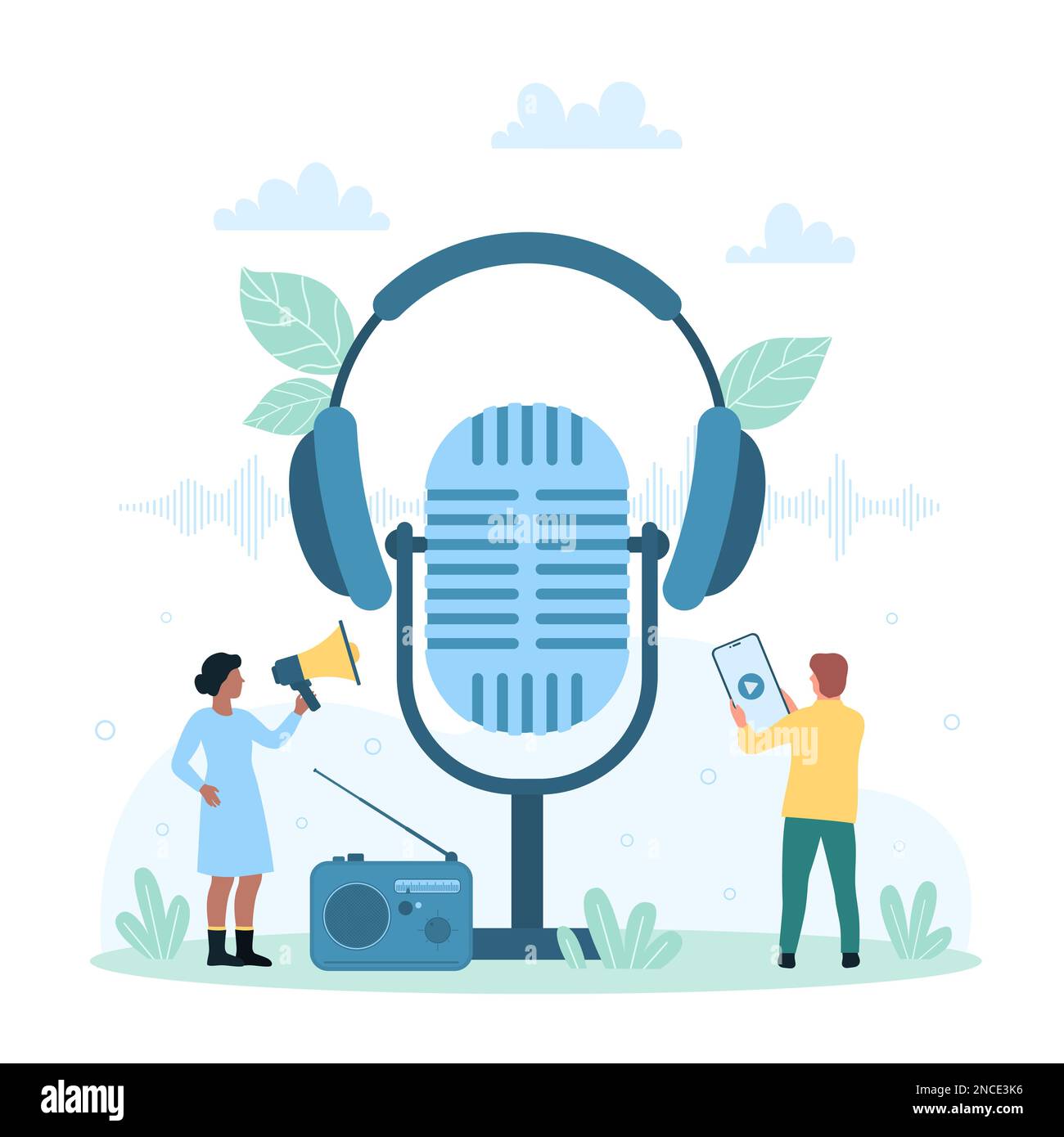 Sound podcast vector illustration. Cartoon tiny people using mobile app in  phone and megaphone, microphone and headphones, radio receiver to listen  and record voice interview or live music online Stock Vector Image