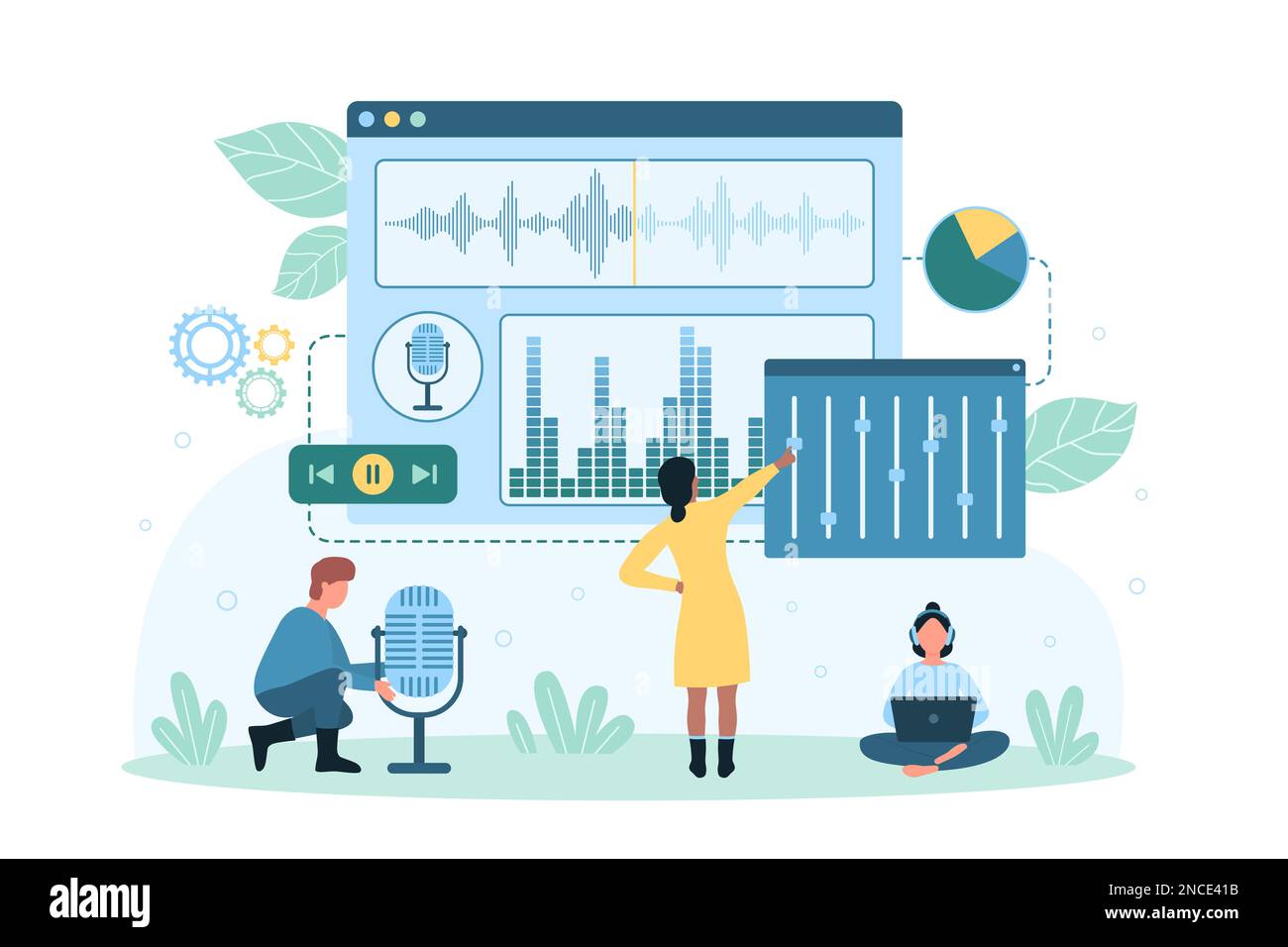 Sound editing, music production vector illustration. Cartoon tiny