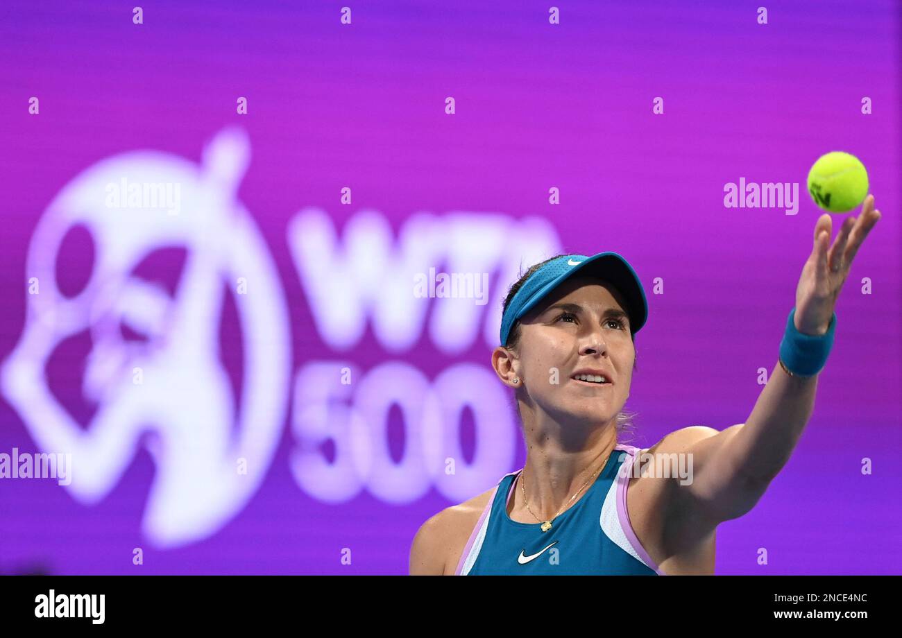 Doha, Qatar. 14th Feb, 2023. Belinda Bencic of Switzerland serves