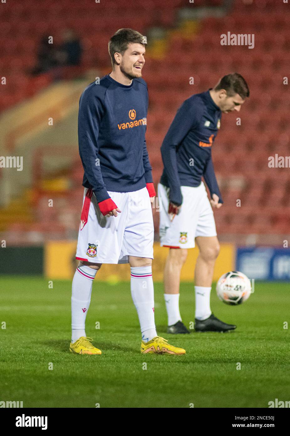 Wrexham, Wales. 14th February 2023. Wrexham, Wrexham County Borough, Wales. 14th February 2023. Wrexham's Liam McAlinden warms up, during Wrexham Association Football Club V Woking Football Club at The Racecourse Ground, in in the Vanarama National League. (Credit Image: ©Cody Froggatt/Alamy Live News) Stock Photo
