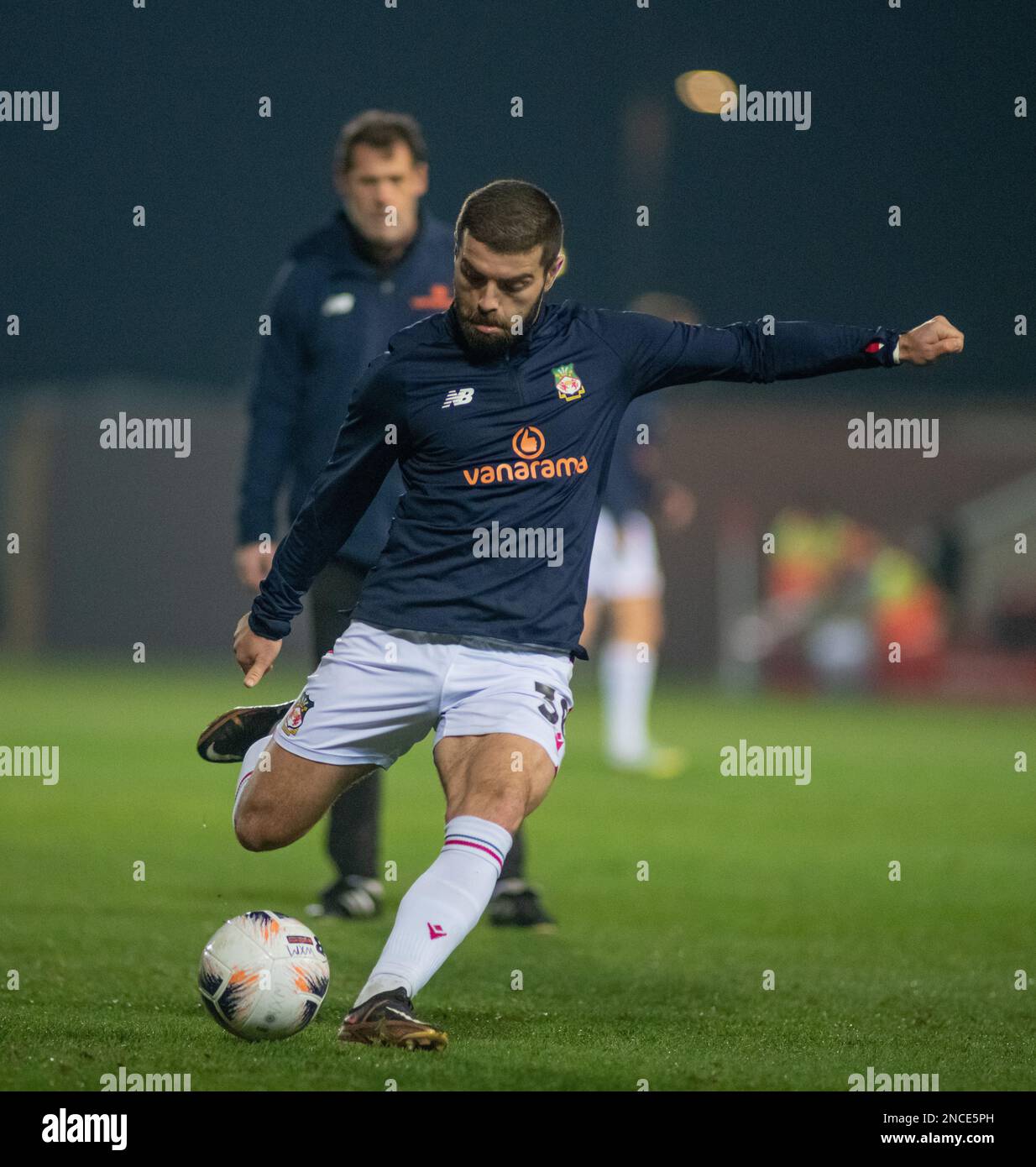 Wrexham, Wales. 14th February 2023. Wrexham, Wrexham County Borough, Wales. 14th February 2023. Wrexham's Elliot Lee warms up, during Wrexham Association Football Club V Woking Football Club at The Racecourse Ground, in in the Vanarama National League. (Credit Image: ©Cody Froggatt/Alamy Live News) Stock Photo