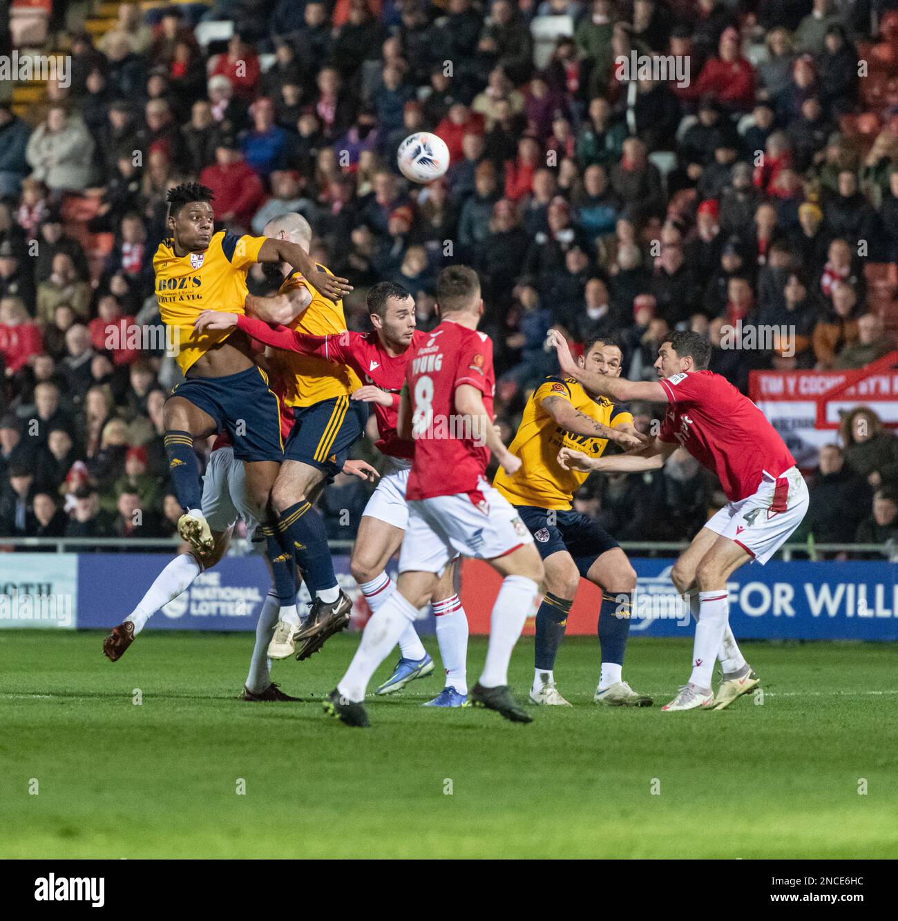 Wrexham, Wales. 14th February 2023. Wrexham, Wrexham County Borough, Wales. 14th February 2023. Woking's Rohan Ince heads the ball, during Wrexham Association Football Club V Woking Football Club at The Racecourse Ground, in in the Vanarama National League. (Credit Image: ©Cody Froggatt/Alamy Live News) Stock Photo