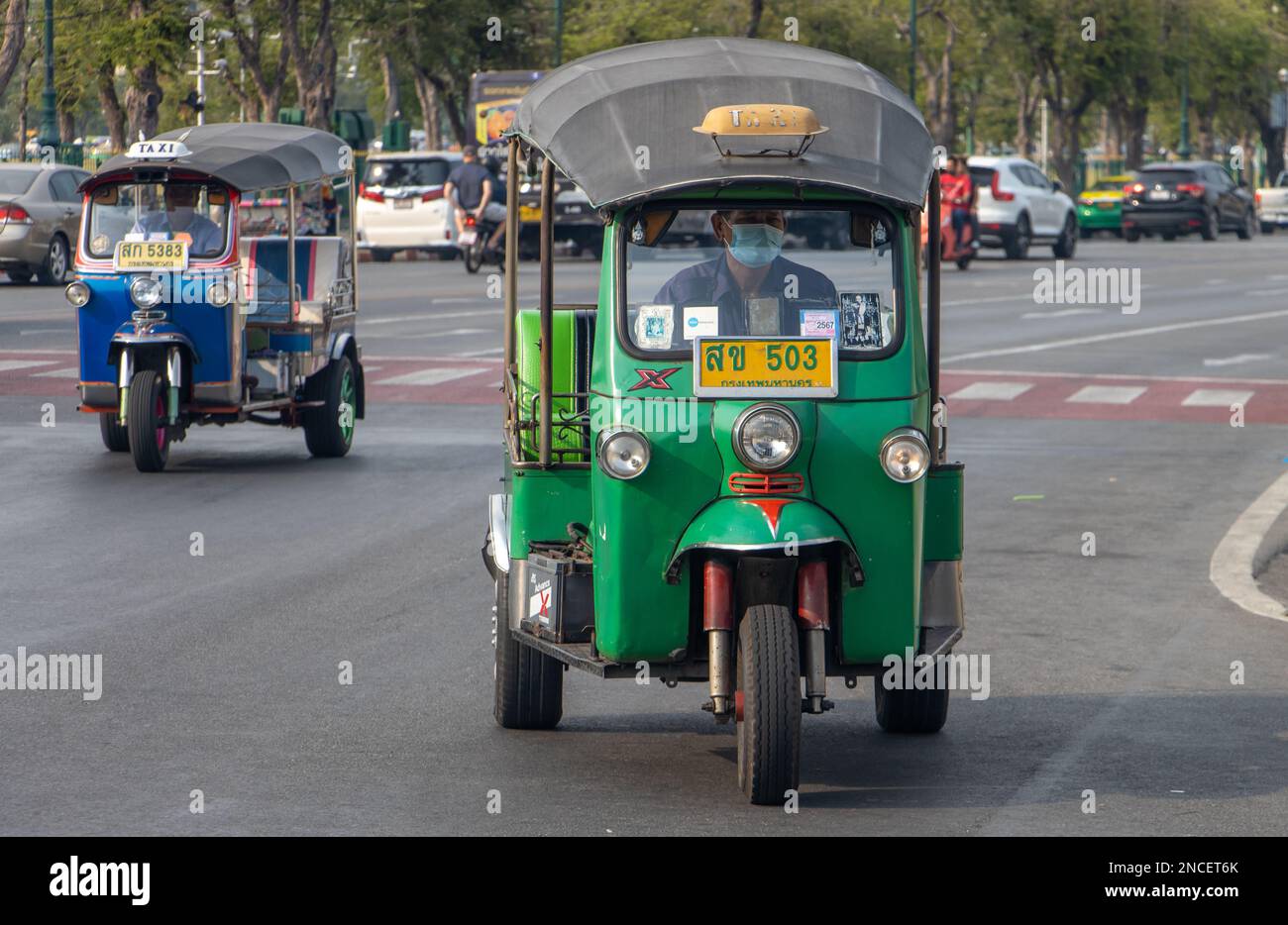 BANGKOK, THAILAND, FEB 04 2023, A motorized tricycle drives in the city