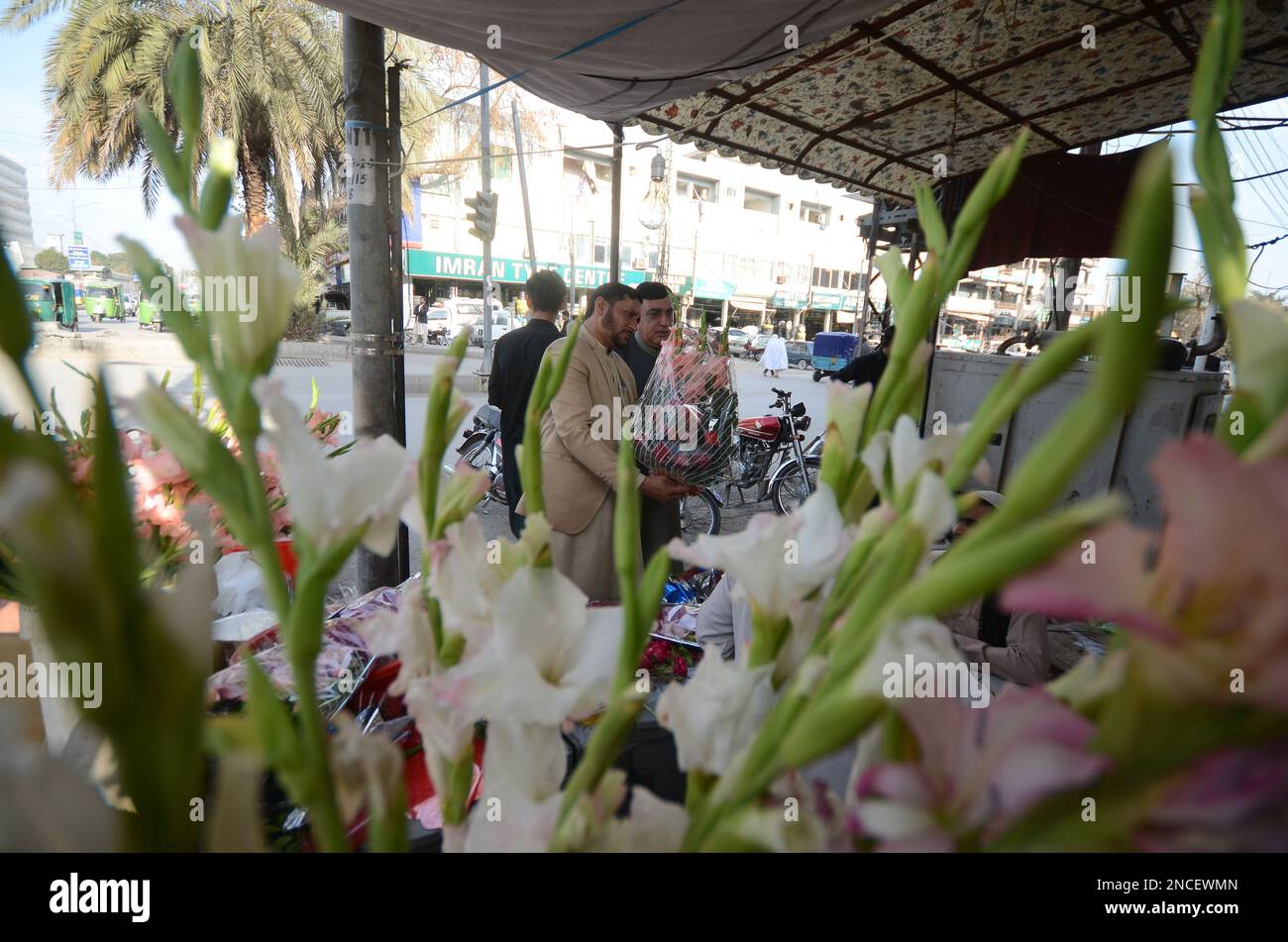 Peshawar, Pakistan. 14th Feb, 2023. People buy flowers at a flower shop