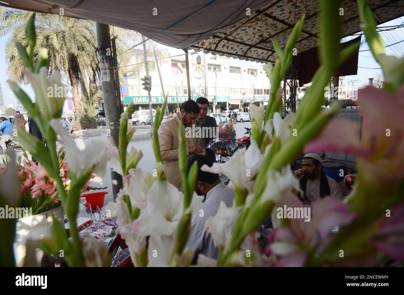 Peshawar, Pakistan. 14th Feb, 2023. People buy flowers at a flower shop
