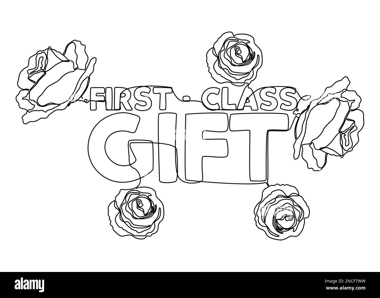 One continuous line of First-Class Gift word with rose flowers. Thin Line Illustration vector concept. Contour Drawing Creative ideas. Stock Vector