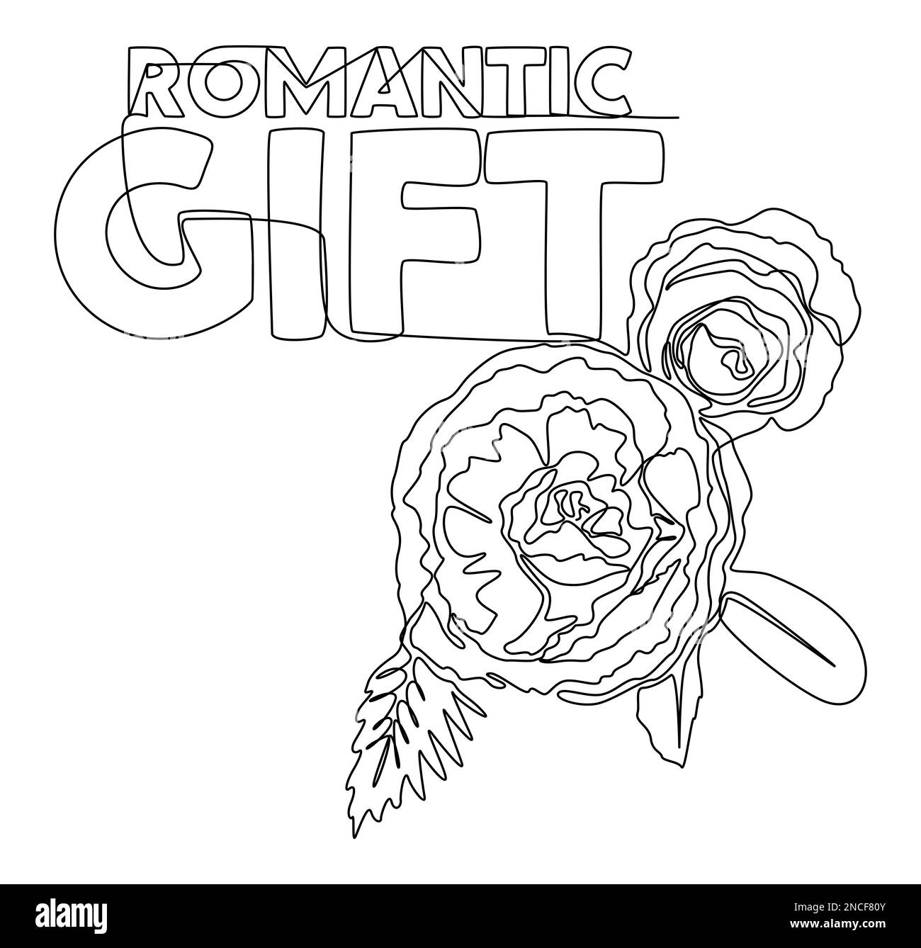 One continuous line of Romantic Gift word with rose flowers. Thin Line Illustration vector concept. Contour Drawing Creative ideas. Stock Vector