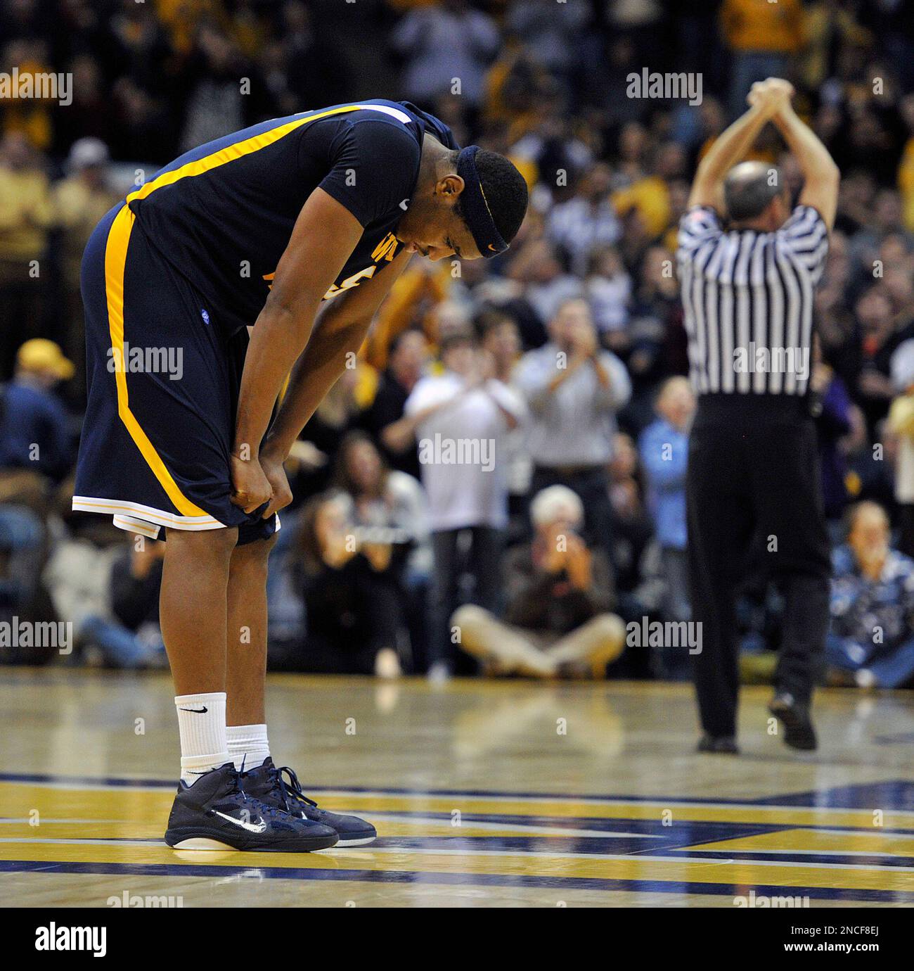 West Virginia's Kevin Jones reacts to a flagrant foul late in the