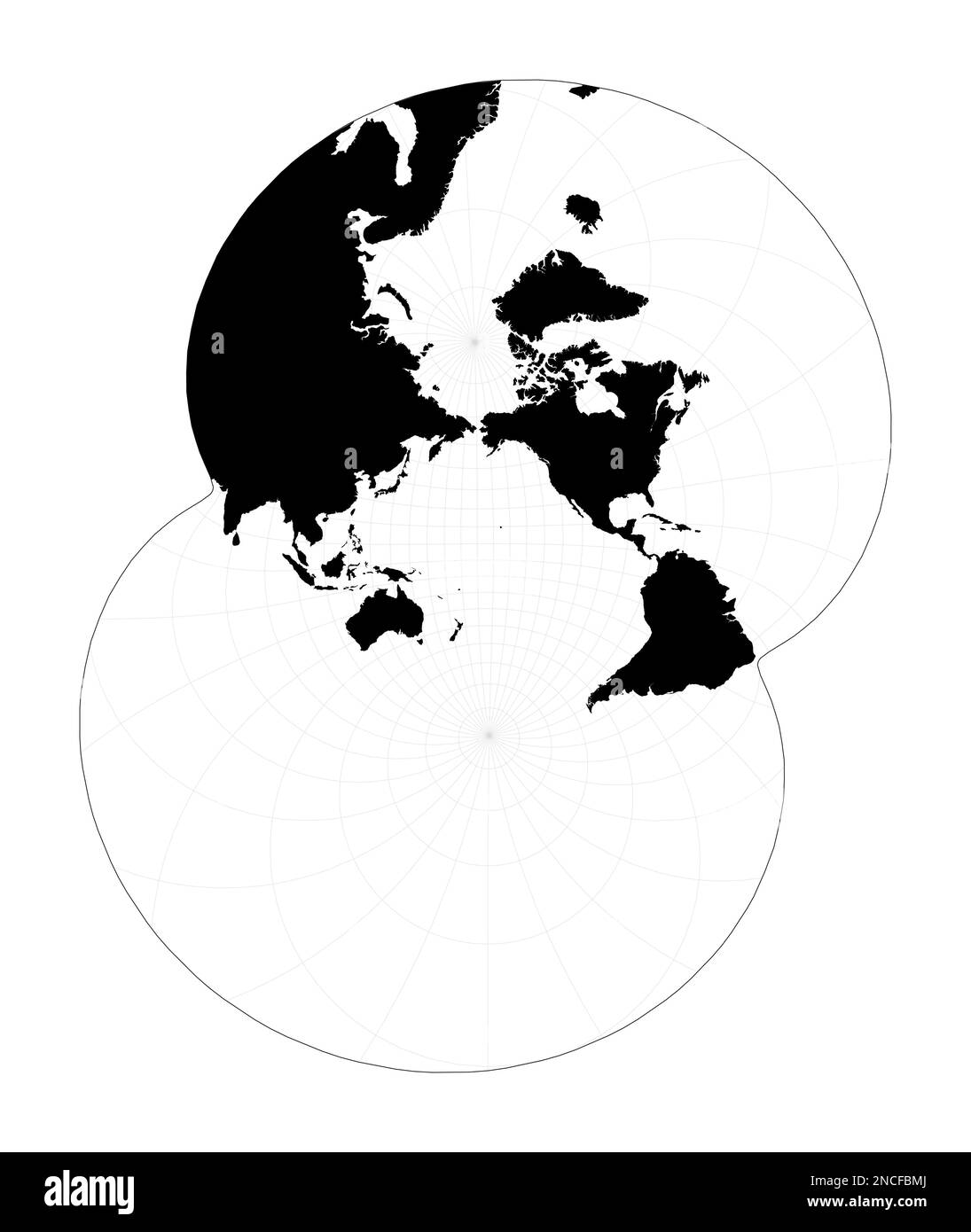 Black world map on white background. Modified stereographic projection