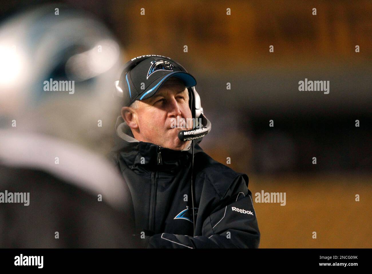 Carolina Panthers head coach John Fox works the sideline in the NFL football game between the Pittsburgh Steelers and the Carolina Panthers in Pittsburgh, Thursday, Dec. 23, 2010. (AP Photo/Keith Srakocic) Stock Photo