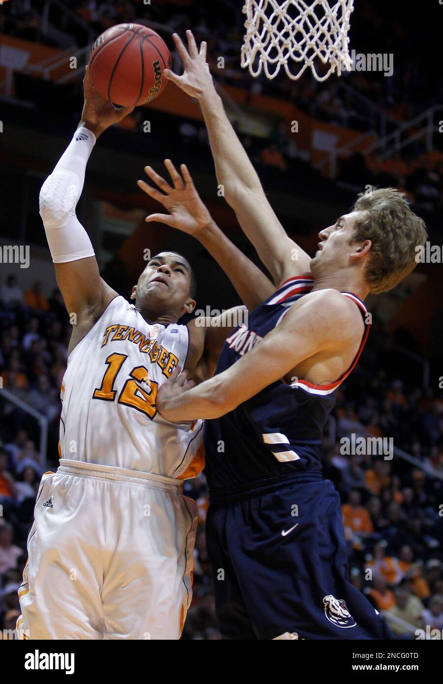 Tennessee's Tobias Harris (12) shoots past Belmont's Mick Hedgepeth