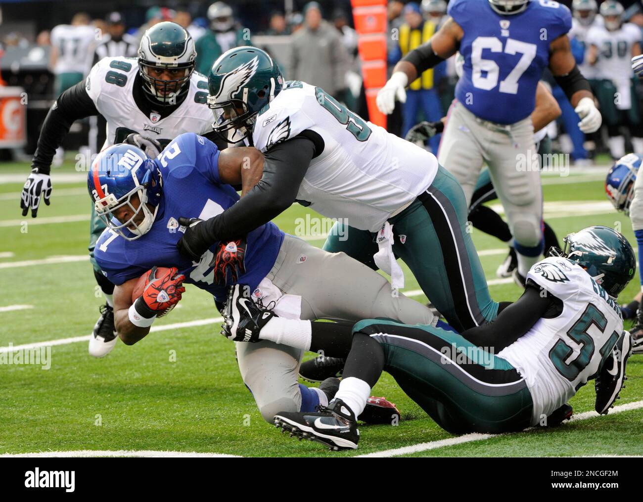 New York Giants Brandon Jacobs reacts while running out of the tunnel  before the game against the Philadelphia Eagles at Giants Stadium in East  Rutherford, New Jersey on December 7, 2008. The