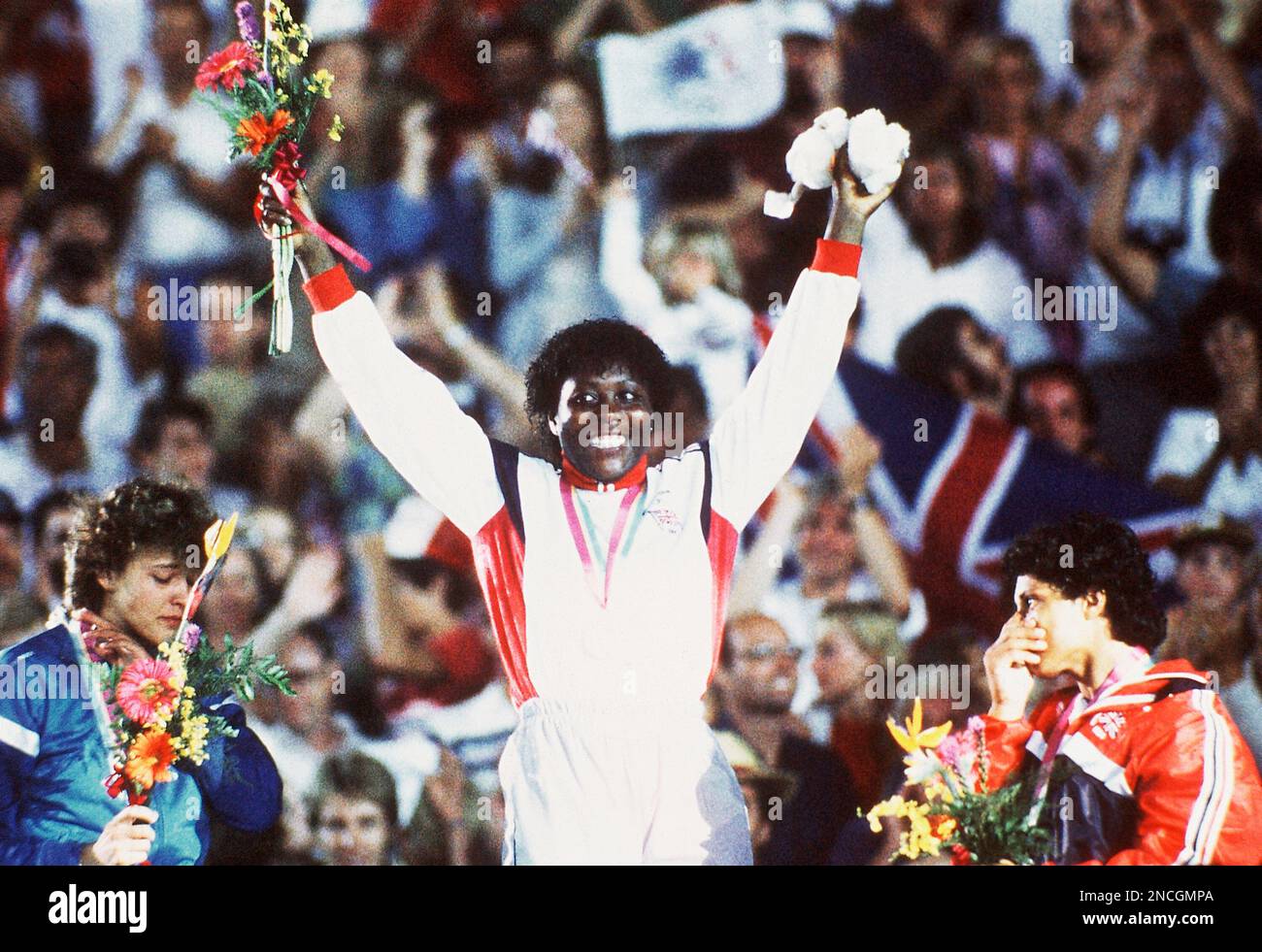 LR Tiina Lillak, silver medalist; Tessa Sanderson, gold medalist; and