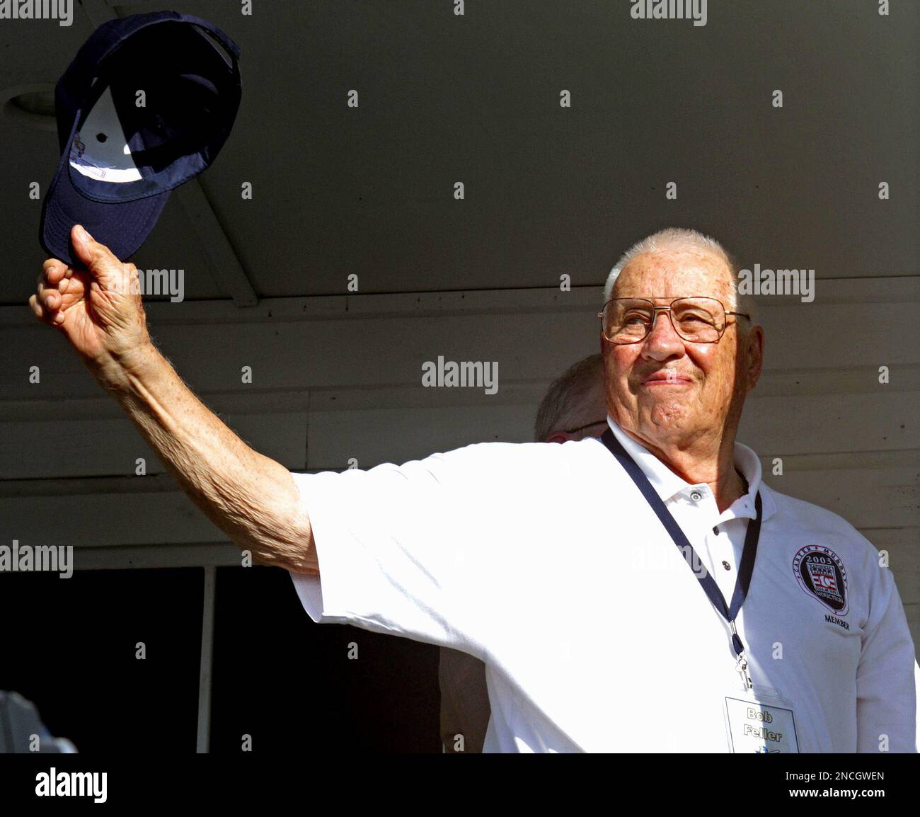 Baseball Hall of Famer Bob Feller waves to fans during ribbon cutting  ceremonies for Hank Aaron's Childhood Home and Museum April 14, 2010 at  Hank Aaron Stadium in Mobile, Ala. Feller, one