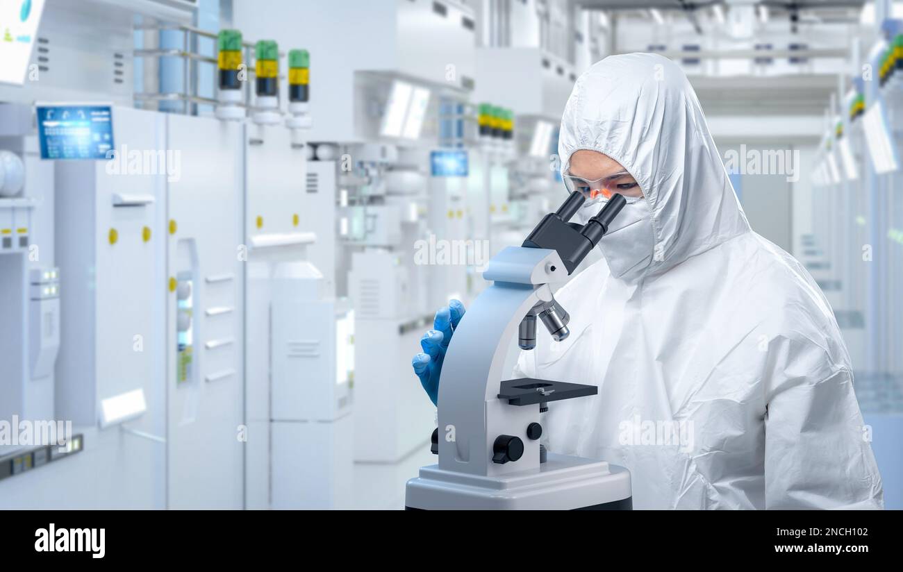 Worker wears medical protective suit or white coverall suit with mask ...