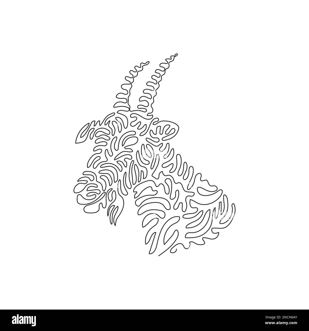 Single swirl continuous line drawing of cute horned goat. Continuous