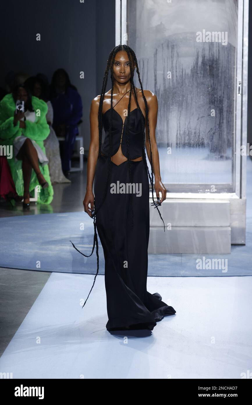 New York, USA. 14th Feb, 2023. A model walks on the runway at the Head