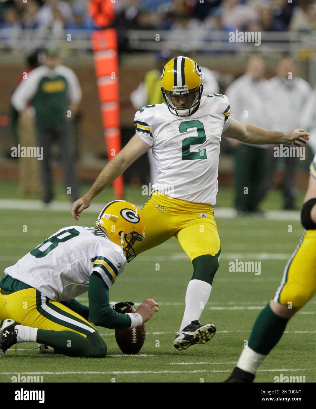 Green Bay Packers place kicker Mason Crosby (2) makes an extra point