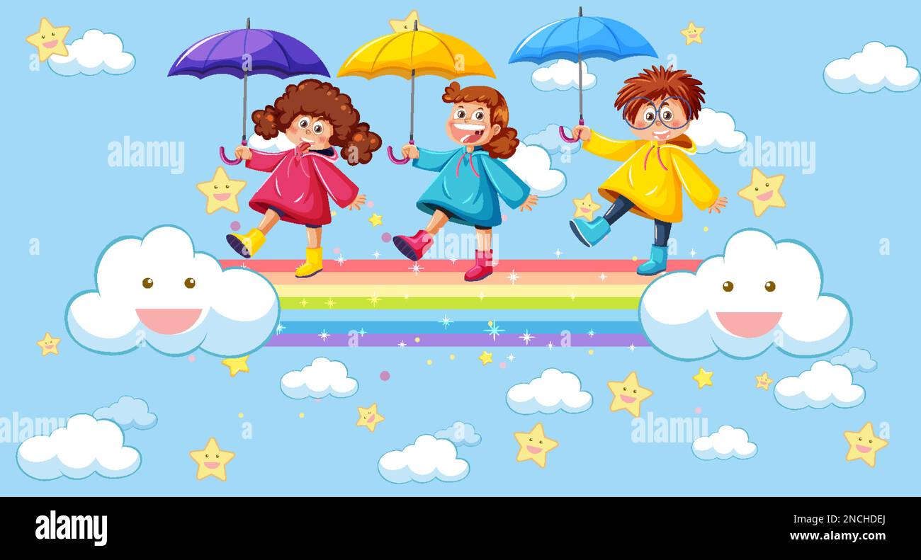 Happy kids in in the sky with rainbow illustration Stock Vector Image ...