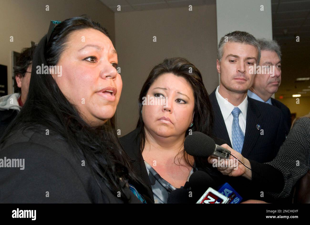 Debbie Maloney, left, and her sister Denise Maloney, daughters of Annie Mae  Aquash, talk to the media on Friday, Dec. 10, 2010 after John Graham was  found guilty in 7th Circuit Court