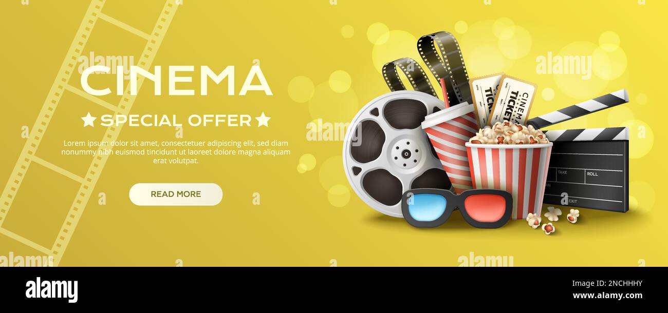 Clapper Banner Horizontal cinema special offer web banner with realistic clapper ...
