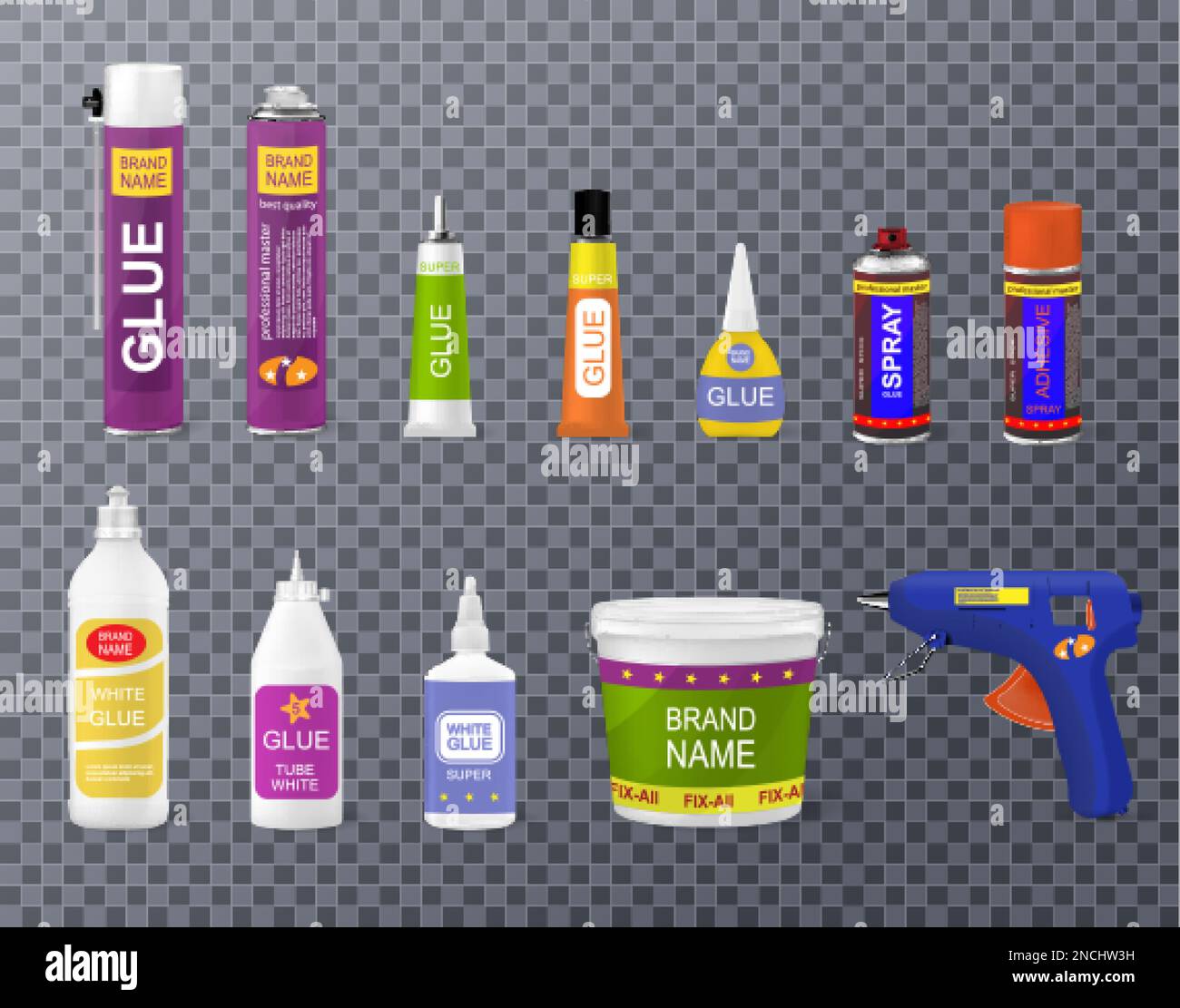 Various types of glue bottles sticks containers with gun realistic set